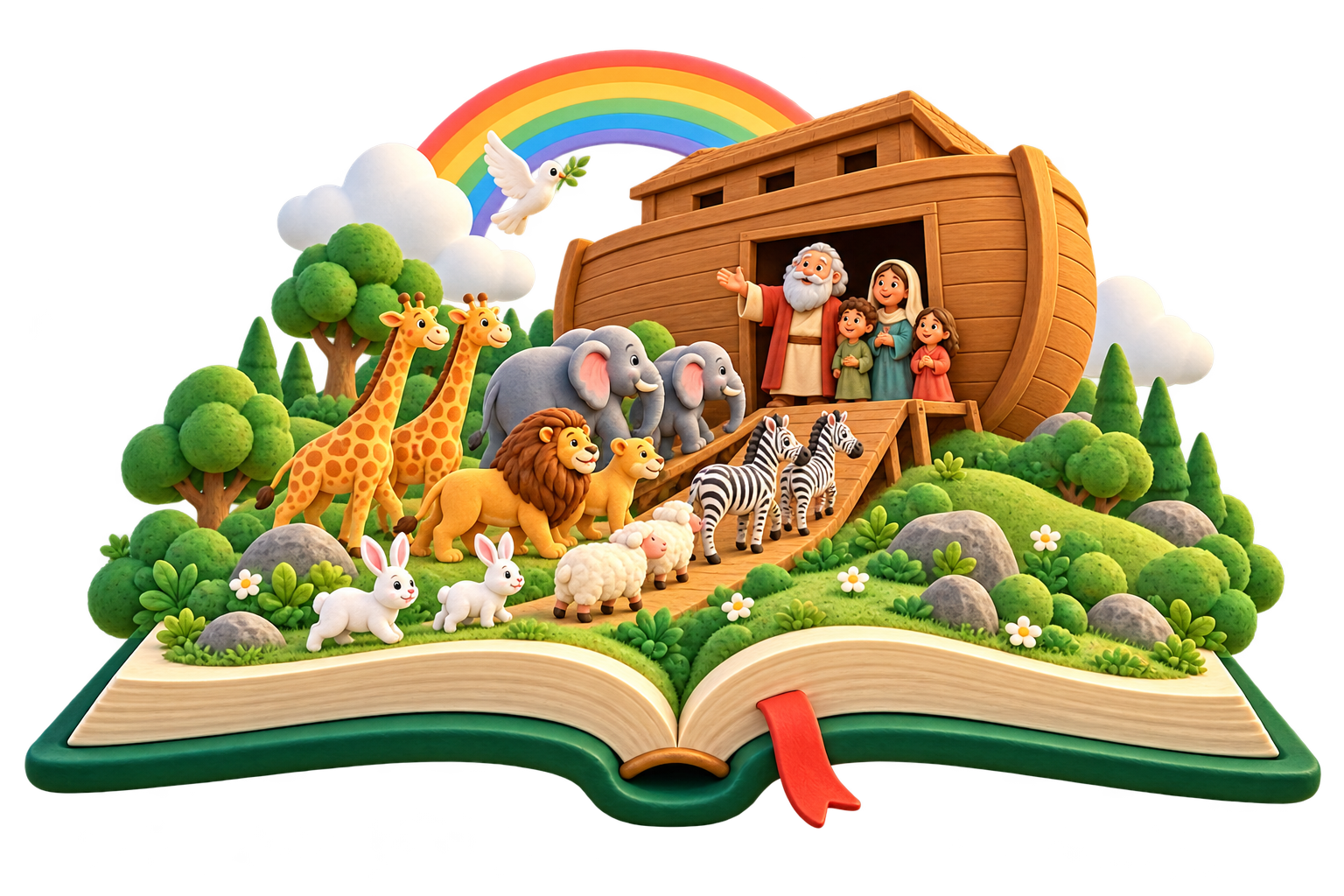 A colorful 3D storybook opens to Noah, his family, the ark, paired animals, and a rainbow