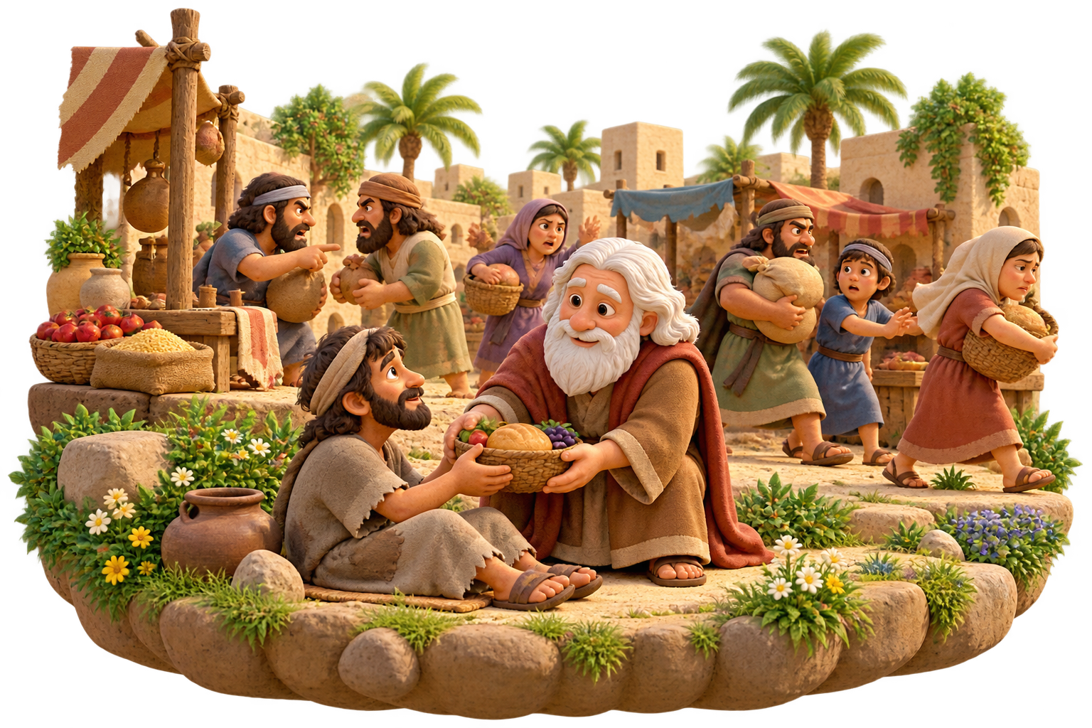 Noah kindly helps someone while people in the village ignore one another