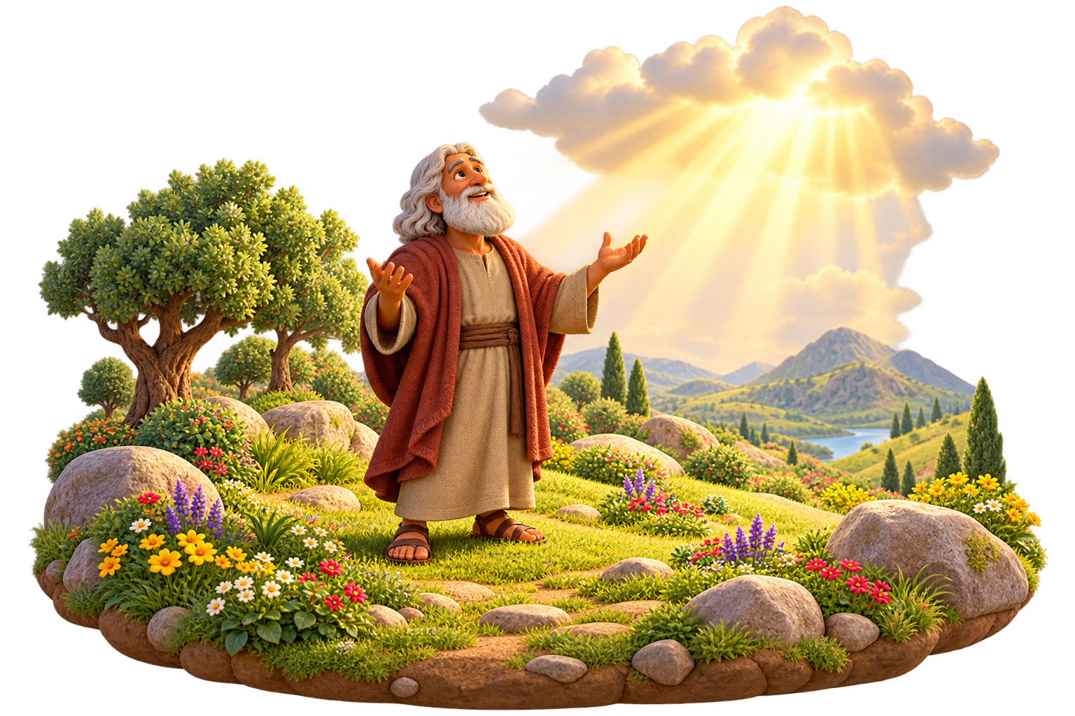 Noah listens as golden rays of light shine through the clouds