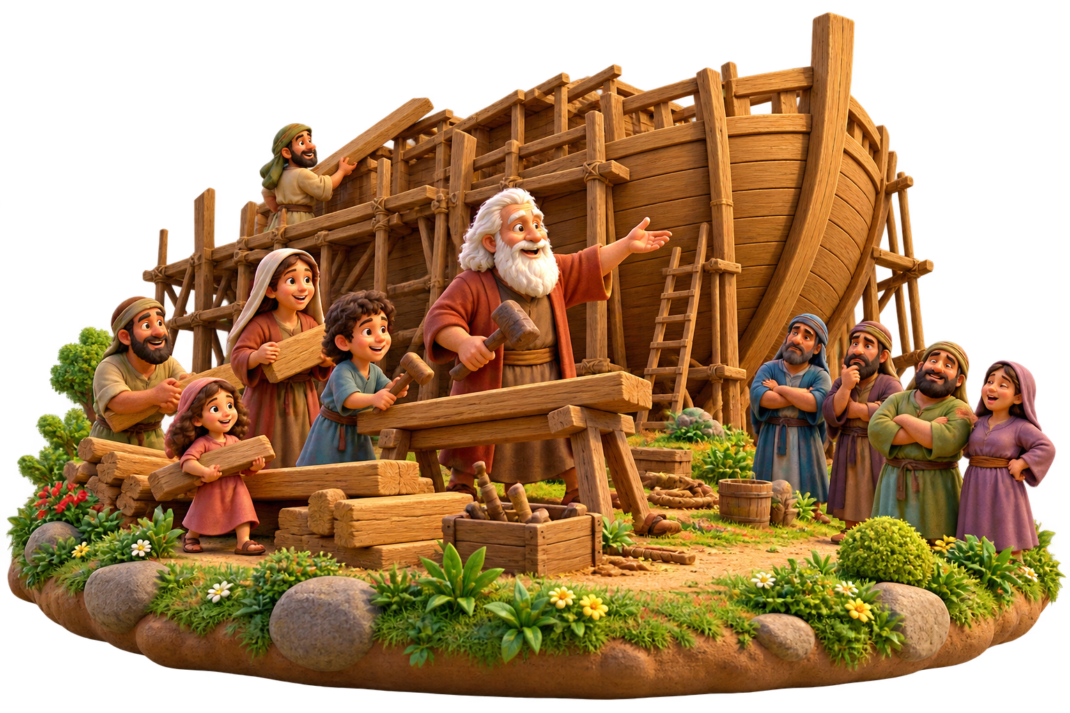 Noah and his family build the ark while townspeople ignore his warning
