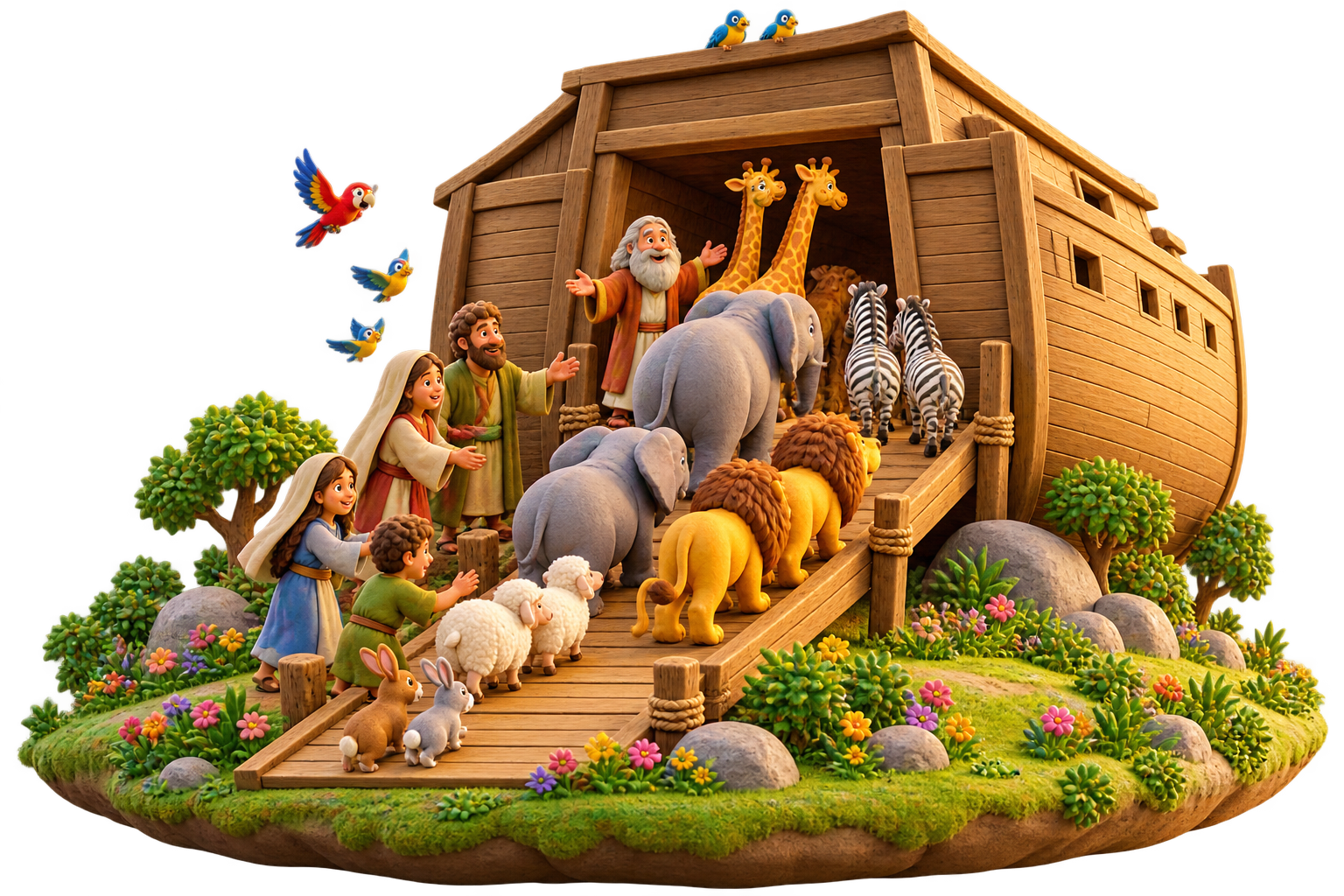 Noah's family welcomes pairs of animals up the ramp into the ark