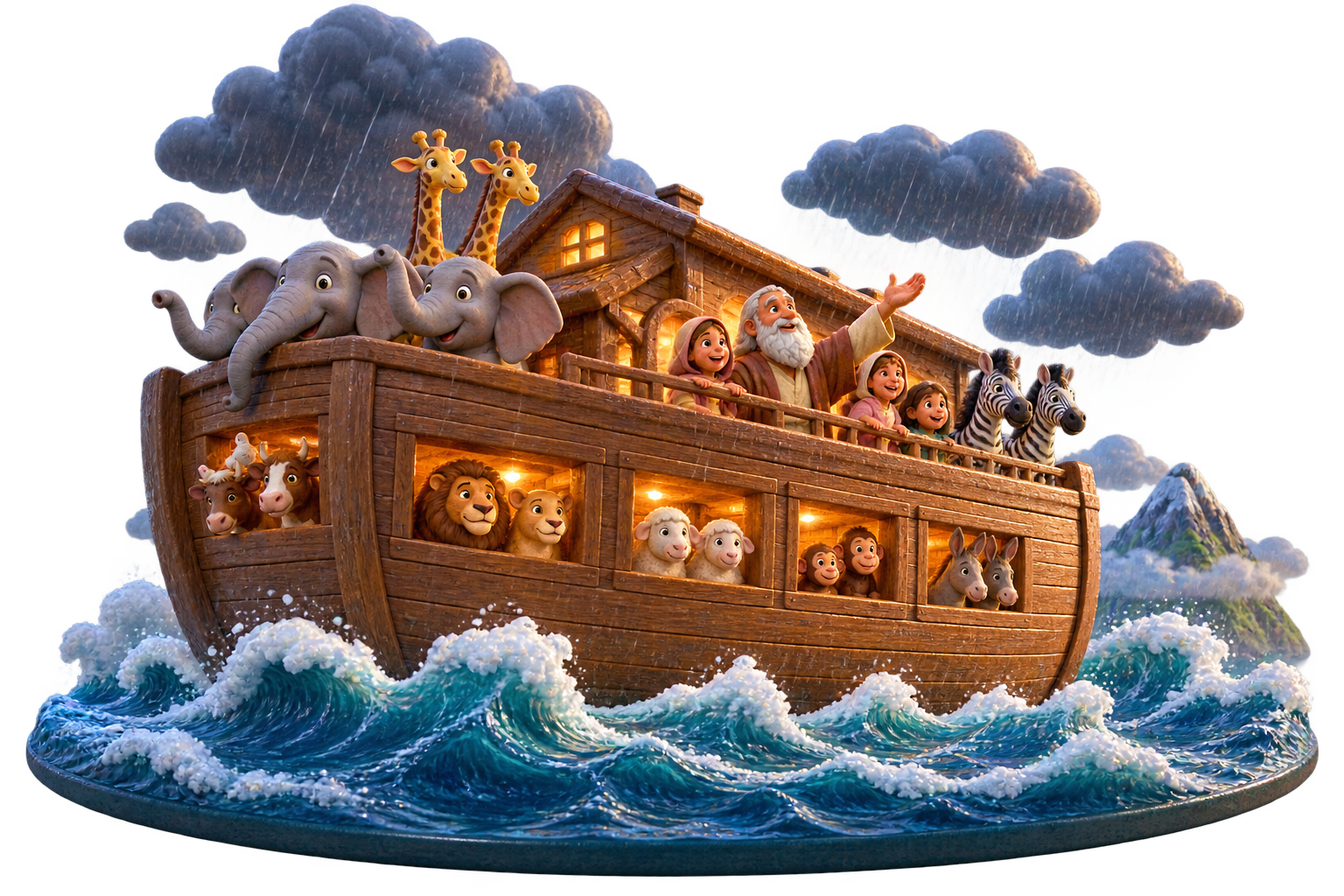 The ark floats safely through the rain with Noah's family and the animals inside