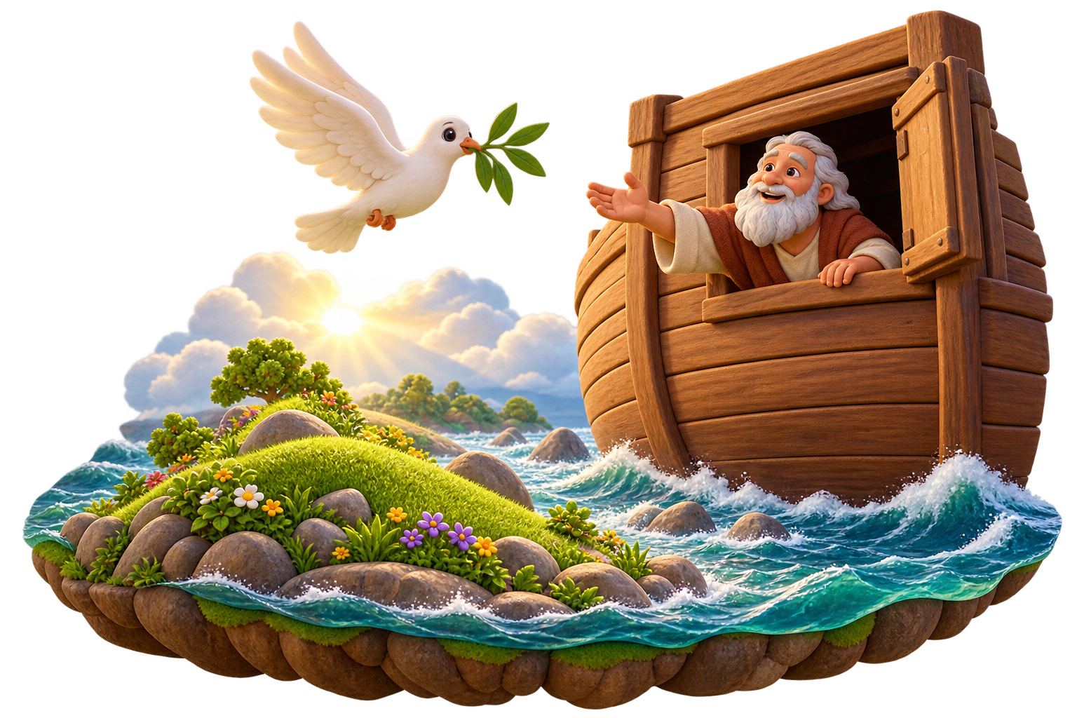 A dove carrying a fresh olive leaf returns to Noah as the waters recede