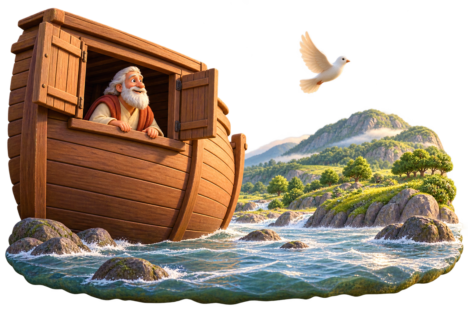 Noah watches a dove fly away from the ark toward a green hillside as the floodwaters recede