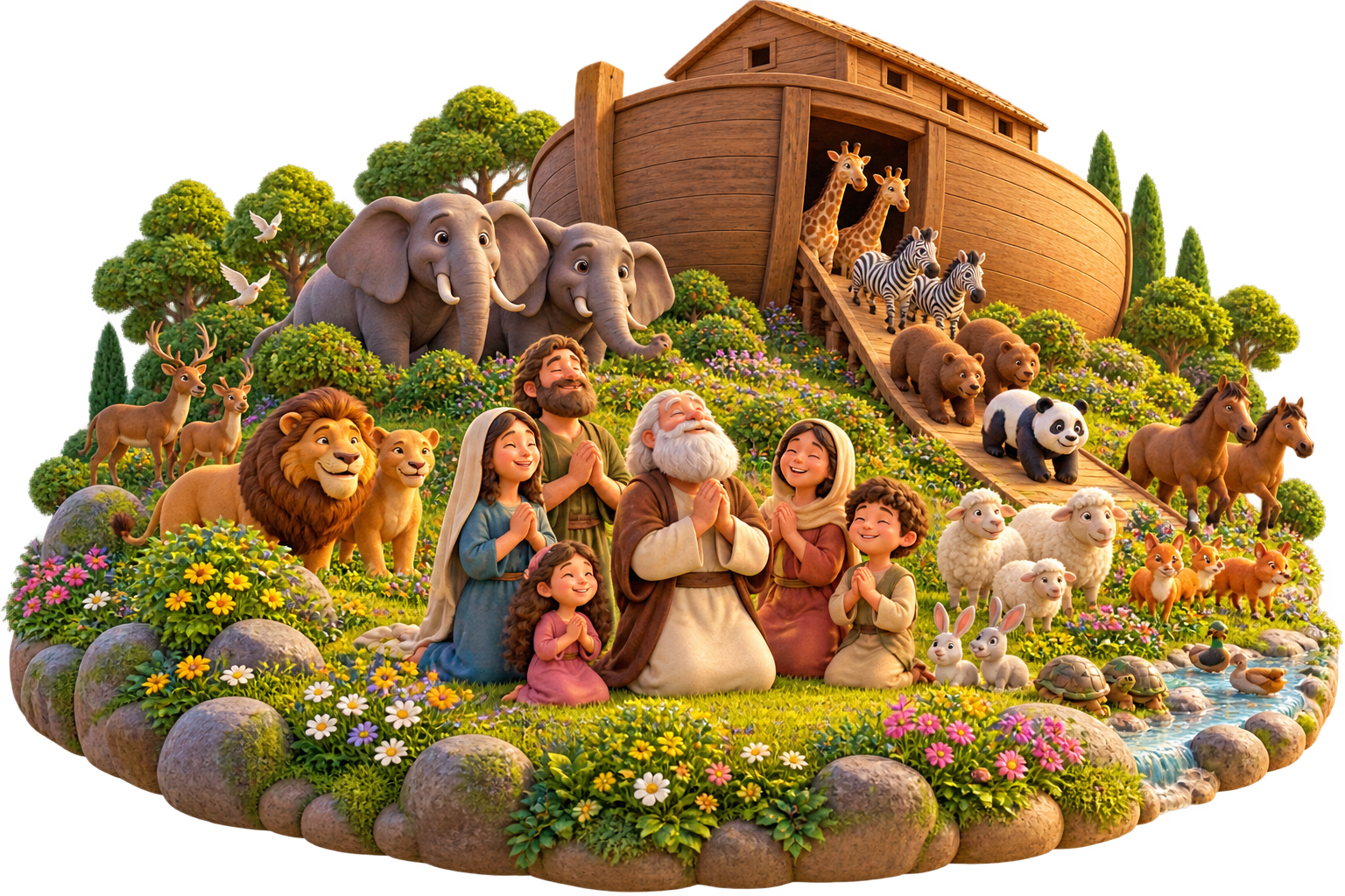 Noah, his family, and animal pairs leave the ark and thank God together