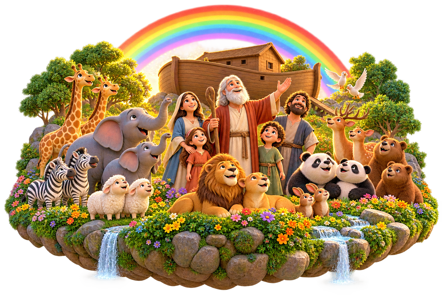 Noah and his family with the animals beneath a rainbow beside the ark