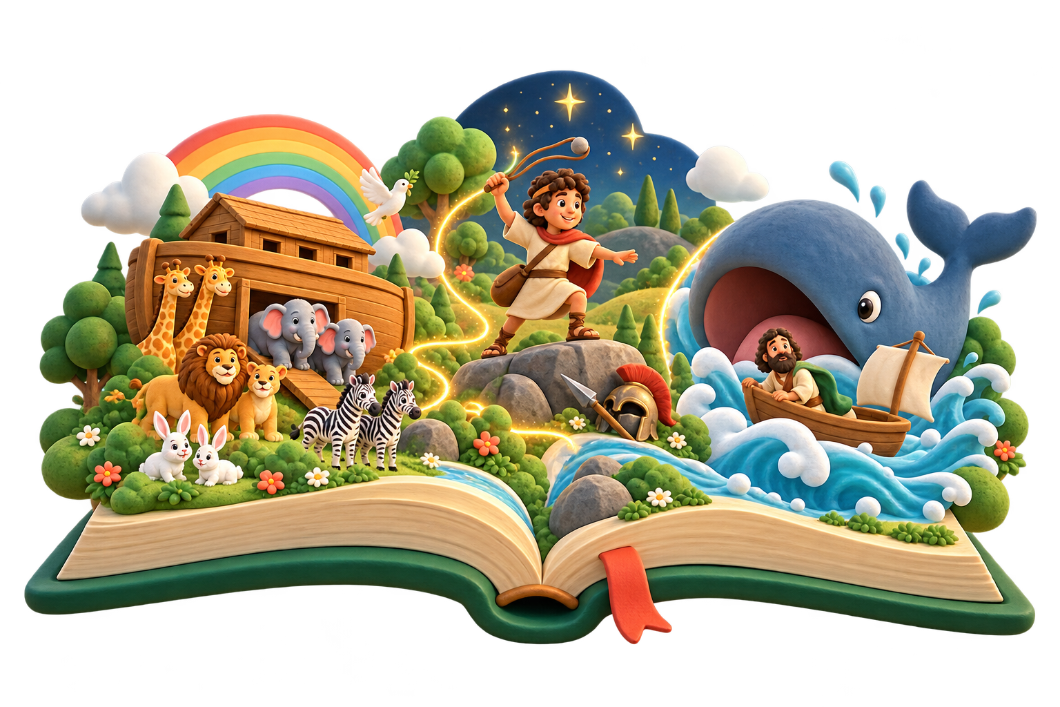 An open storybook brings Noah’s Ark, David, and Jonah’s adventures to life